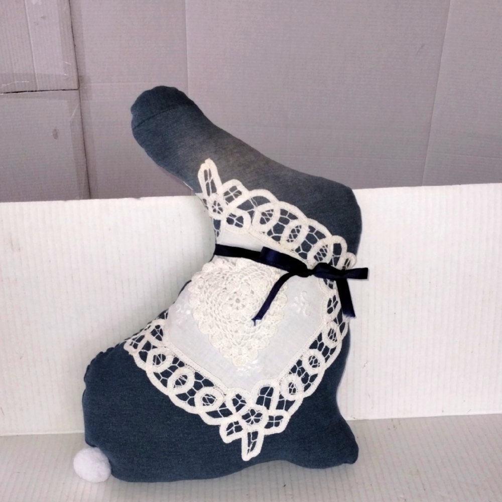 Handmade Blue Bunny Rabbit Decorative Pillow with Lace heart embroidery